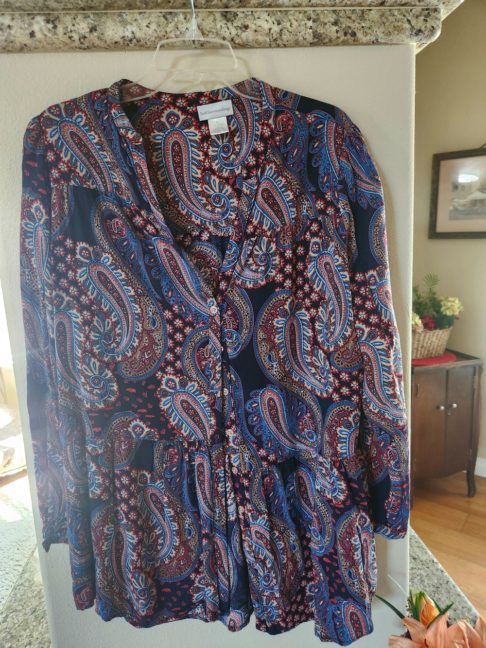 Soft Surroundings Paisley V-Neck Long Sleeve Blouse - Navy, Blue, Burgundy